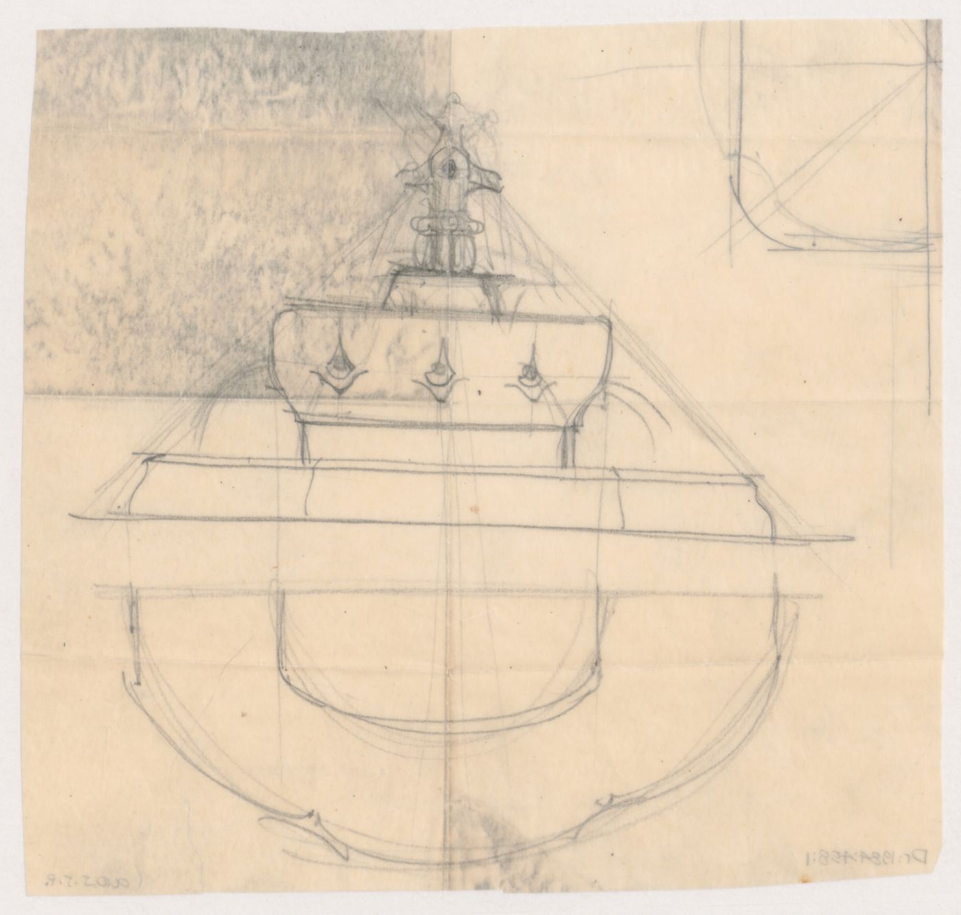 Sketch elevation and sketch plan, possibly for a fountain for the reconstruction of the Hofplein (city centre), Rotterdam, Netherlands