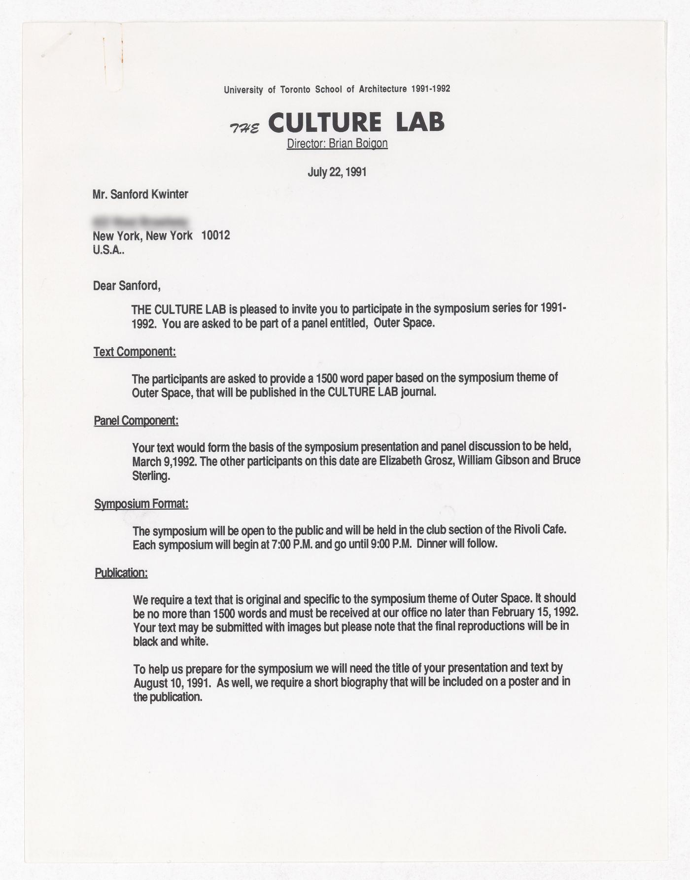 Invitation to Sanford Kwinter to participate in Culture Lab symposium series