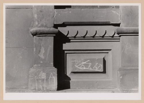 Close-up view of the façade of a building showing chalk graffiti, New York City, New York