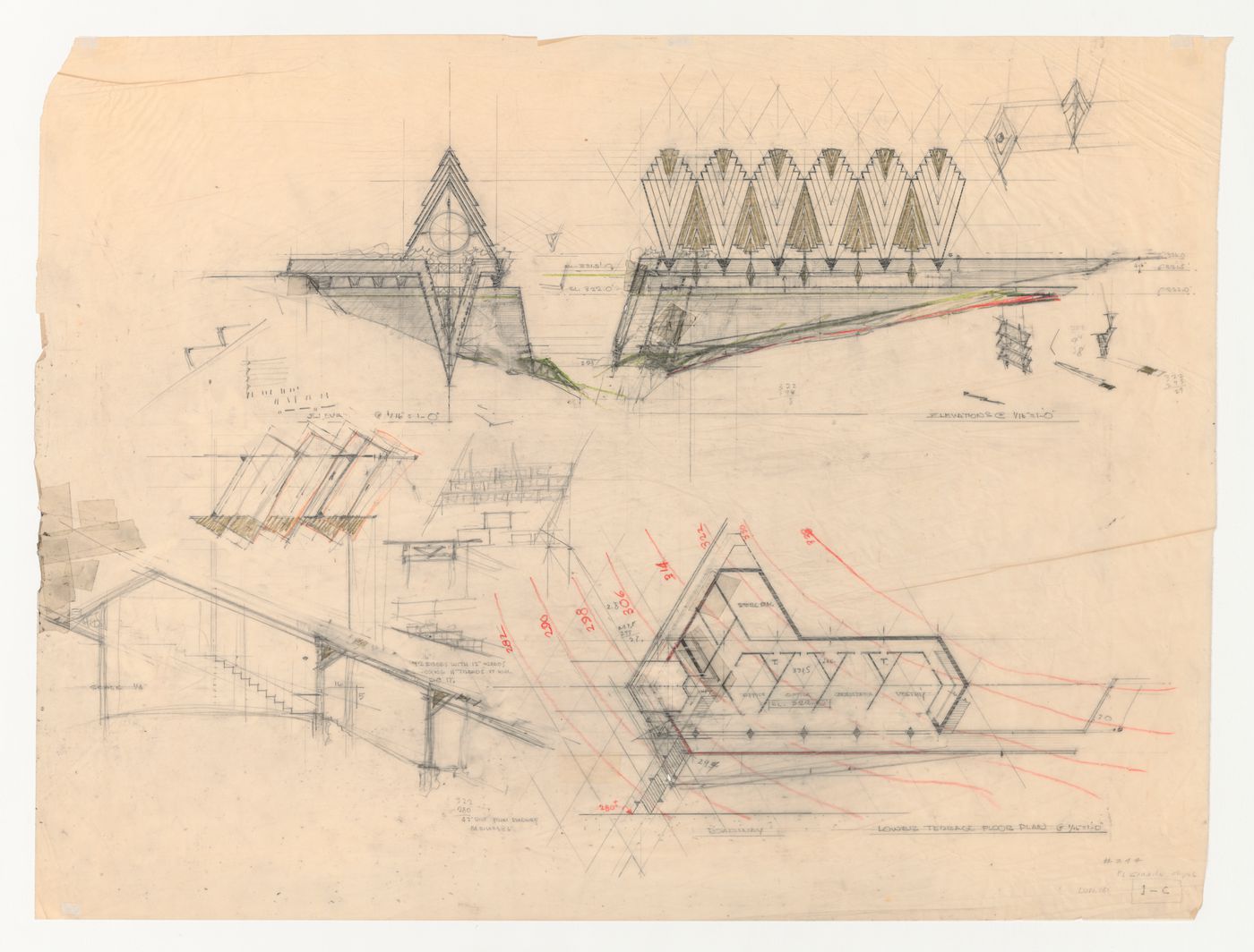 Swedenborg Memorial Chapel, El Cerrito, California: Elevations, plans and section for the chapel and covered walkway