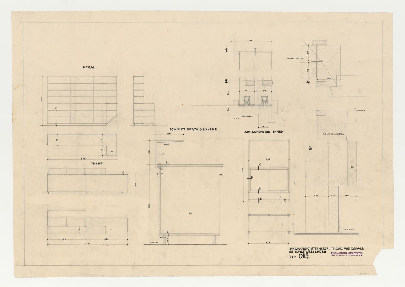 Plans, elevations, and sections for a counter and a shelf, and elevation and sectional details for a window for a type DL2 confectionery, probably for Hellerhof Housing Estate, Frankfurt am Main, Germany