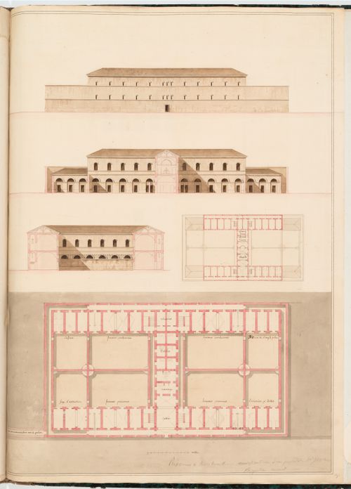 Prison, Hazebrouck, France: Elevation, sectional elevations, and plans