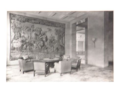 Interior, room with tapestry on wall, chairs and table