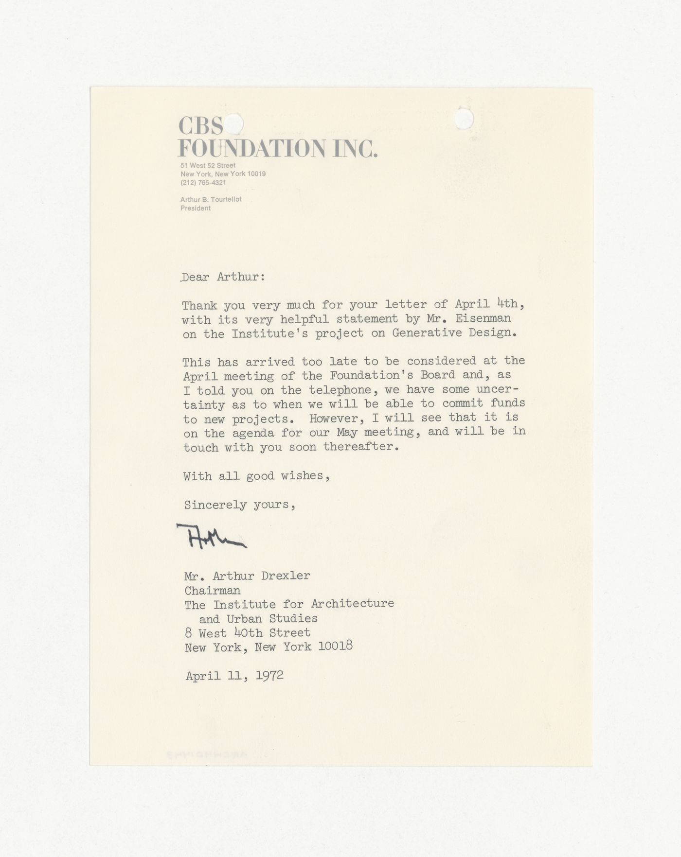 Letter from Arthur E. Tourtellot to Arthur Drexler responding to proposal for the Program in Generative Design