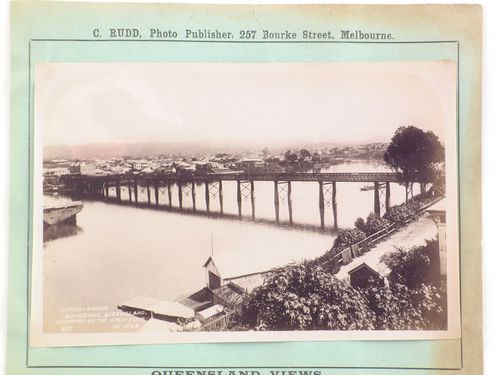 View of Victoria Bridge (now demolished) over the Brisbane River, Brisbane, Australia
