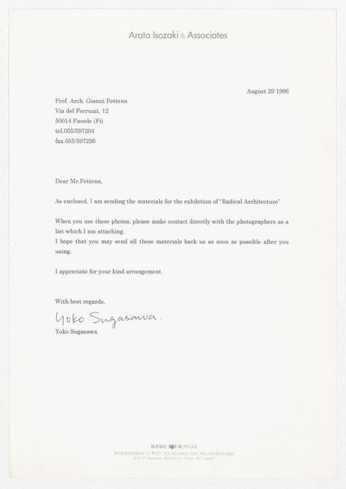 Correspondence and material list from Yoko Sugasawa of Arata Isozaki & Associates for the exhibition Radicals. Architecttura e Design 1960-1975