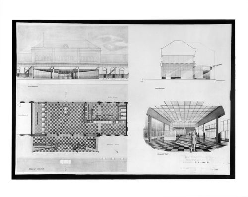 Ground plan, elevation, section and interior perspective for a railroad station, The Hague, Netherlands