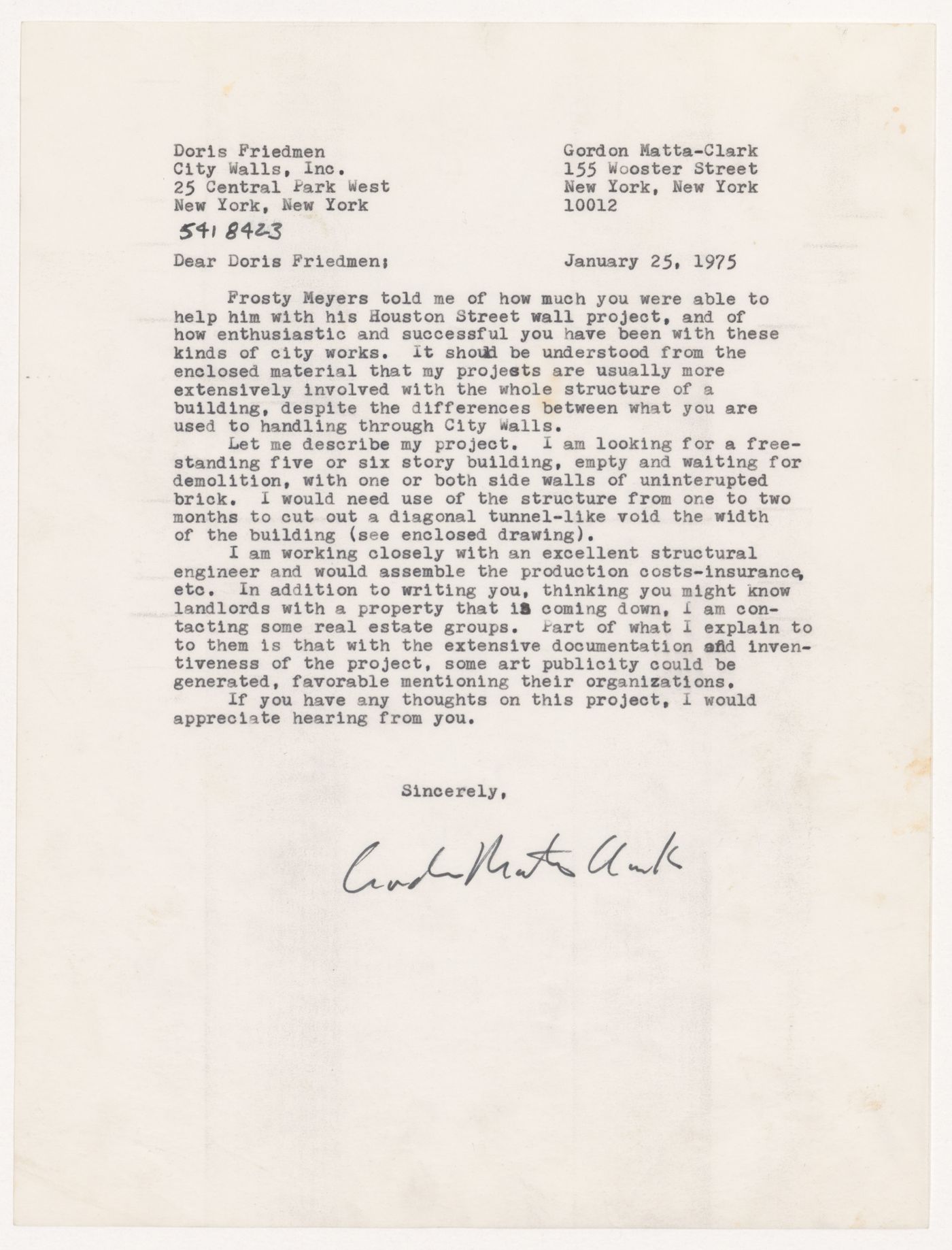 Letter from Gordon Matta-Clark to Doris Friedmen