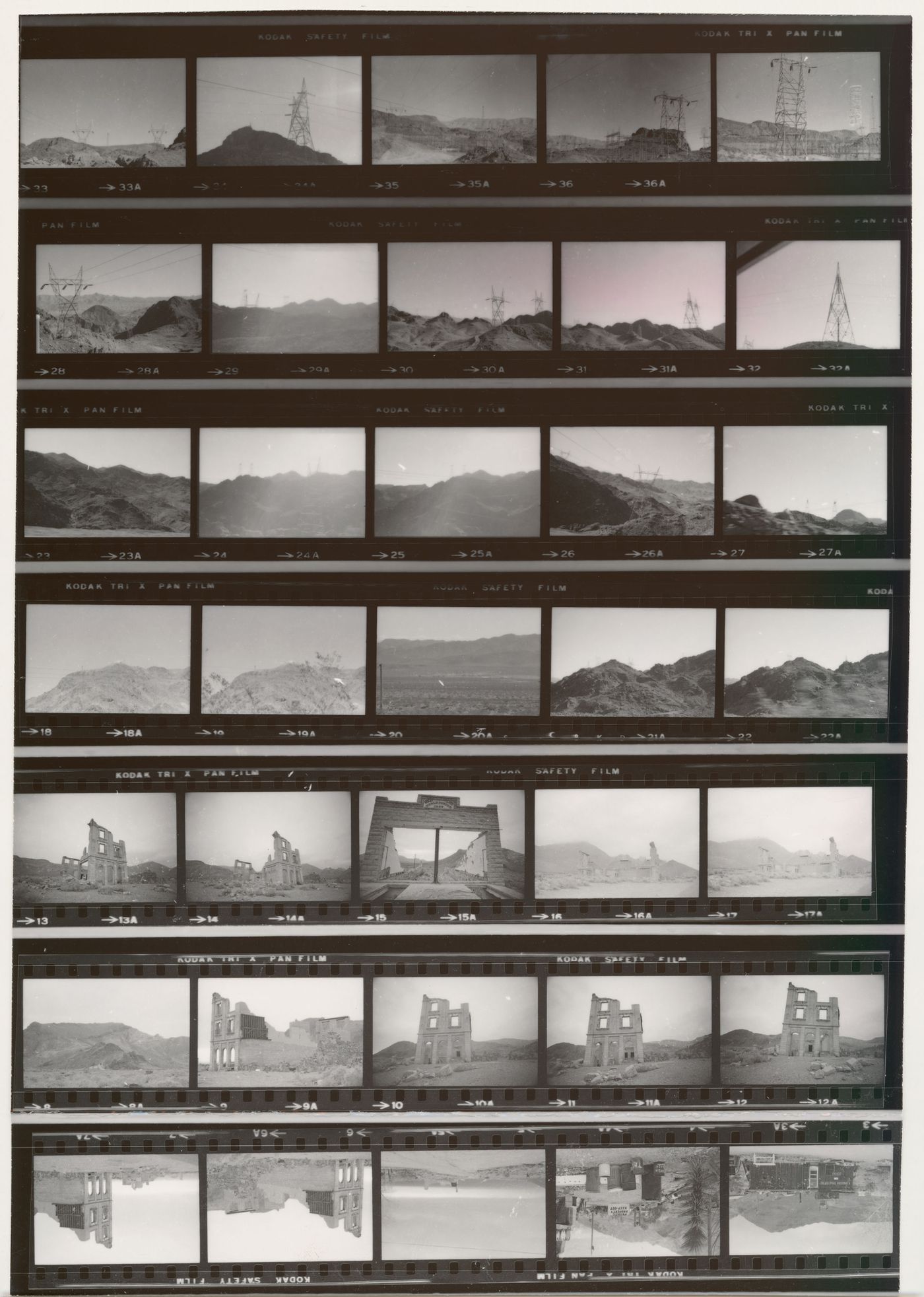 Contact sheet of transmission towers, landscape views and buildings in ruin, Western United States
