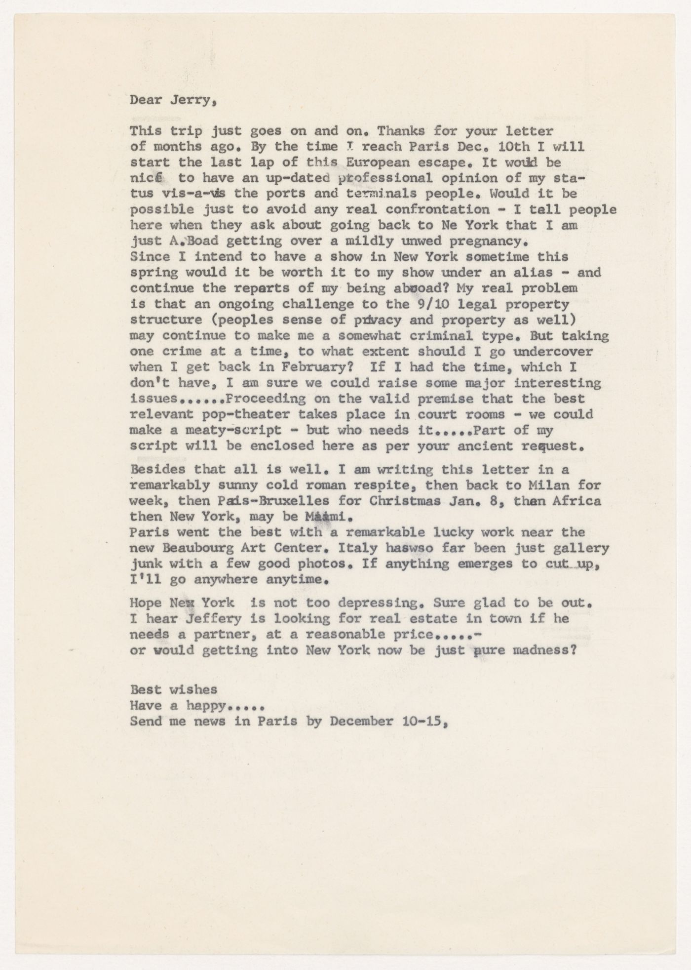 Letter from Gordon Matta-Clark to Jerry [Jerald Ordover ?]