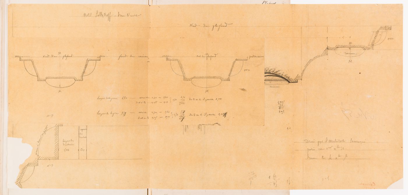 Full-scale profiles for the cornice and coffers for the "salle sur la cour" on the second floor, Hôtel Soltykoff