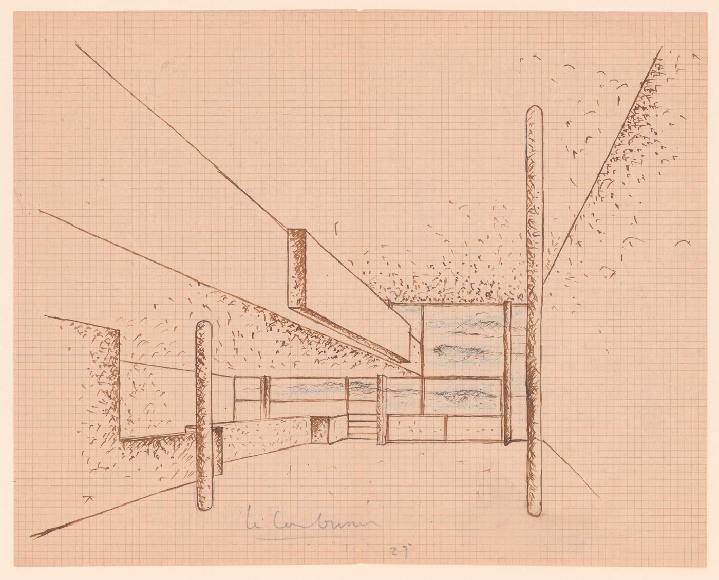 Copy after Le Corbusier, interior perspective view of the living room and terrace at the Villa Baizeau