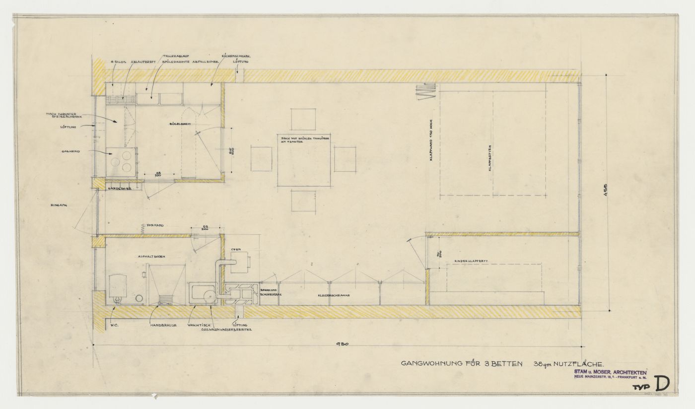 Ground floor plan for a gatehouse with three bedrooms, possibly for Hellerhof Housing Estate, Frankfurt am Main, Germany