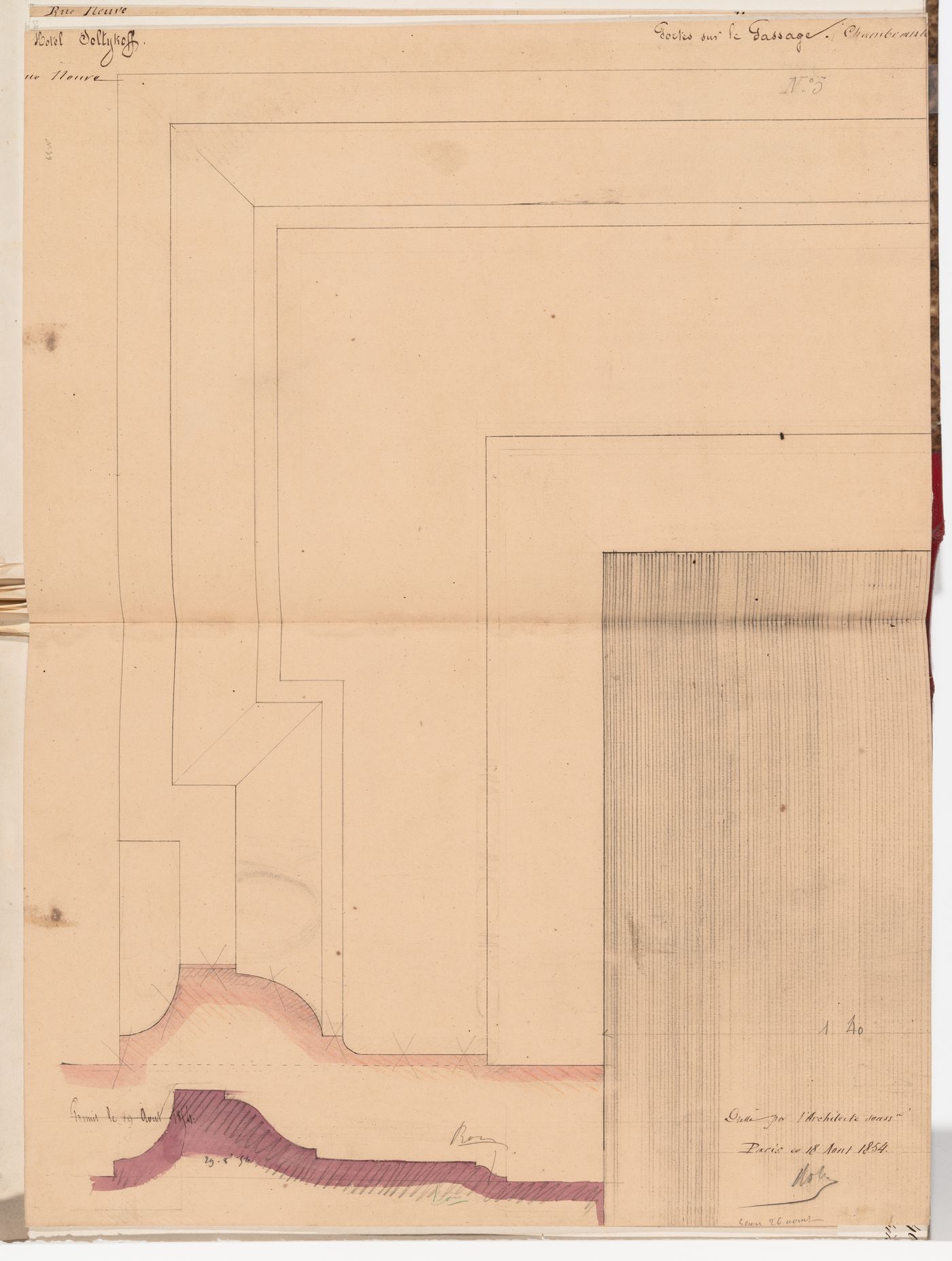 Full-scale detail with profiles for the door frames for the porte cochere, Hôtel Soltykoff
