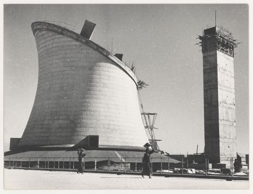 View of the Assembly’s hyperboloid and elevator tower under construction, Capitol Complex, Sector 1, Chandigarh, India