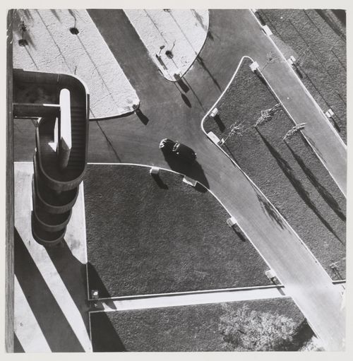 Aerial view looking at traffic form the roof of the Unité d'habitation, Marseille, France