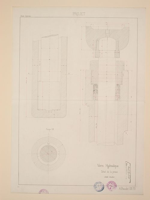 Student engineering drawing: Sections of a detail for a hydraulic jack