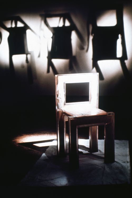 Slide of wearable chair installation at Minneapolis Institute of Art for performance Vestirsi Di Siede