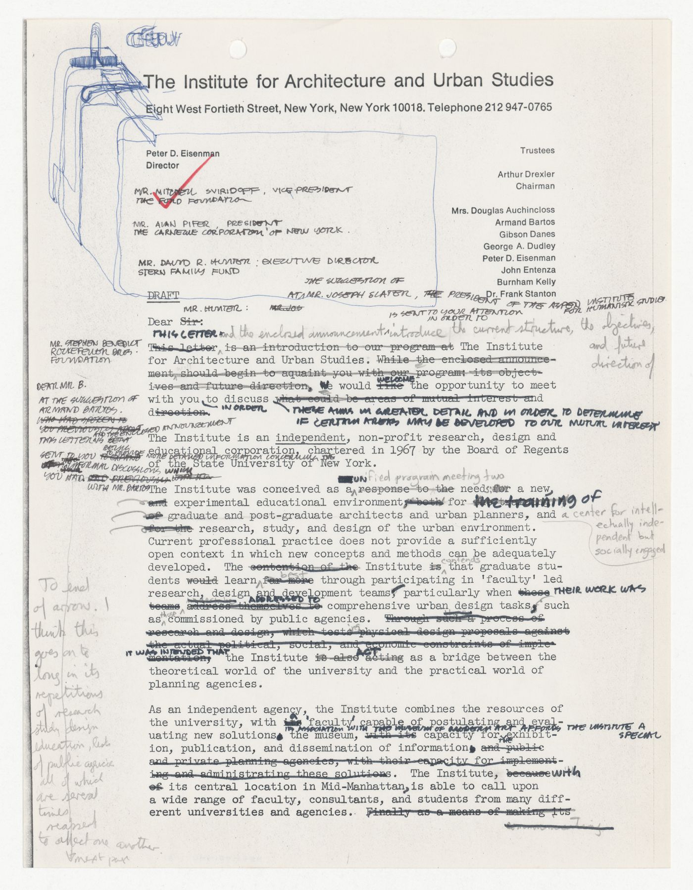 Draft letter for requesting donations including a brief overview of IAUS history and projects written by Peter D. Eisenman with annotations and corrections