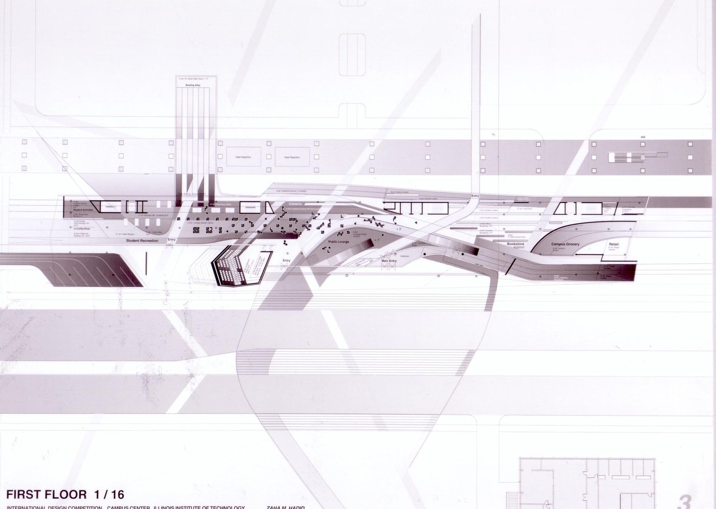 First floor plan, submission to the Richard H. Driehaus Foundation International Design Competition for a new campus center (1997-98), Illinois Institute of Technology, Chicago, Illinois