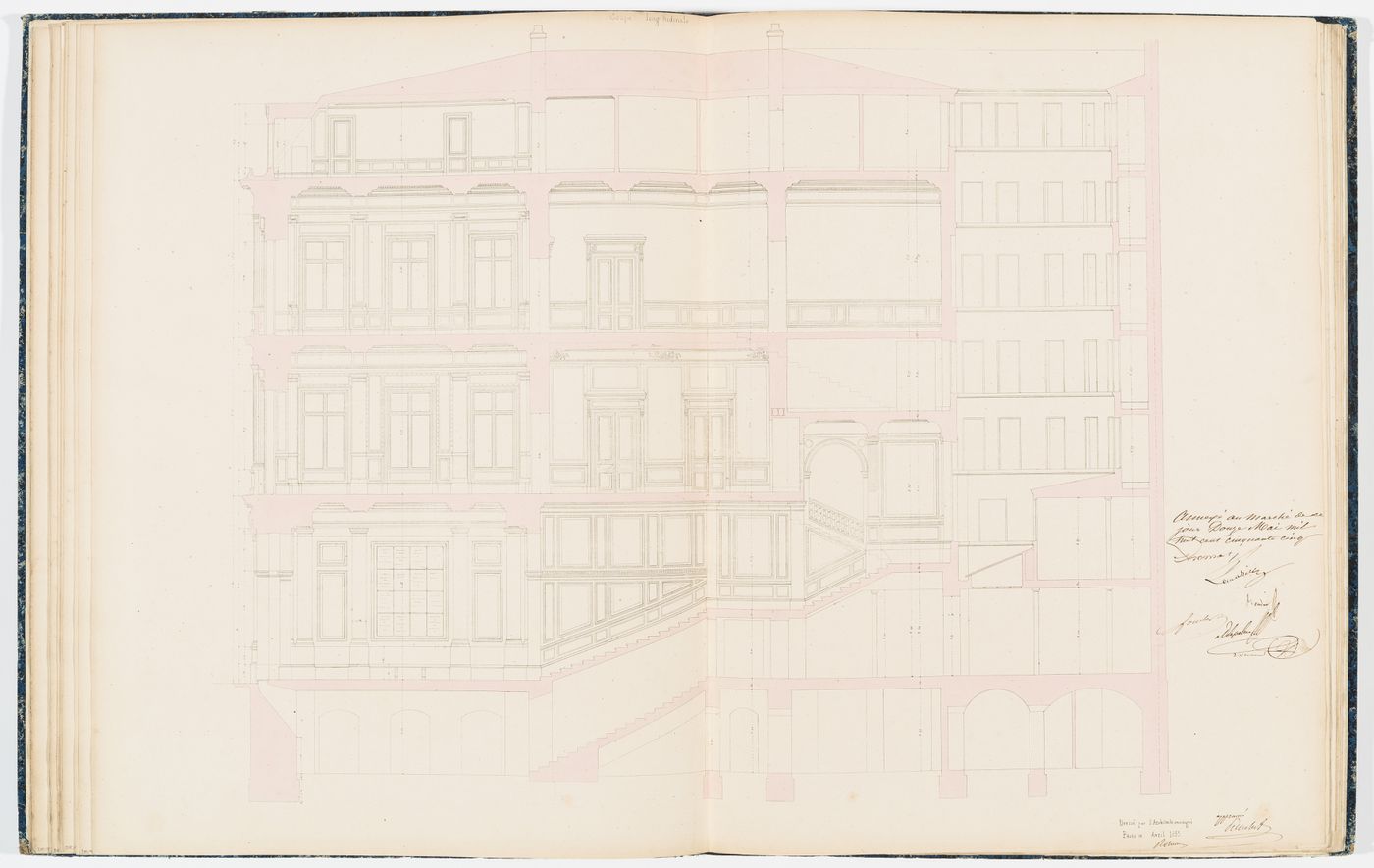 Contract drawing for the Chambre des Notaires: Longitudinal section showing details for the "vestibule", "salle de vente", "salle d'assemblées", "salon", and "grand escalier"