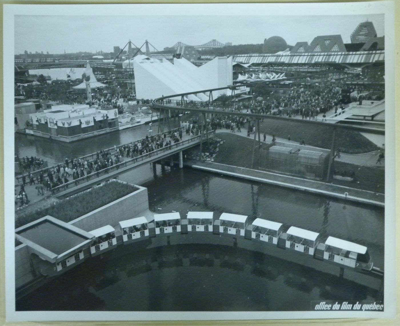 View of the minirail with the Yugoslav and Mauritius Pavilions and the Pavilion of Haiti, Expo 67, Montréal, Québec