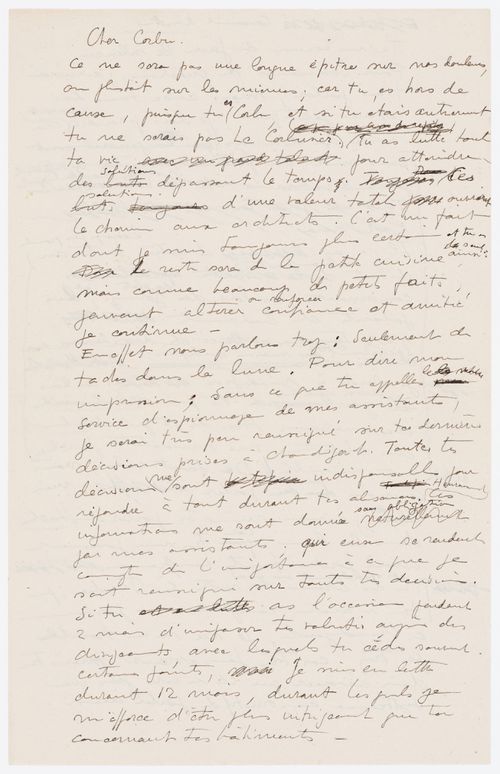 Brouillon d'une lettre de Pierre Jeanneret à Le Corbusier relative à Chandigarh, Inde