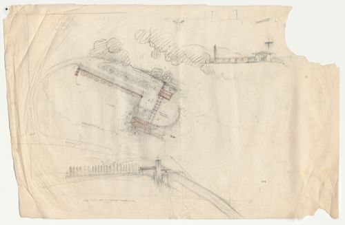 Wayfarers' Chapel, Palos Verdes, California: Site plan, entrance elevation and side elevation for the Spanish Colonial design