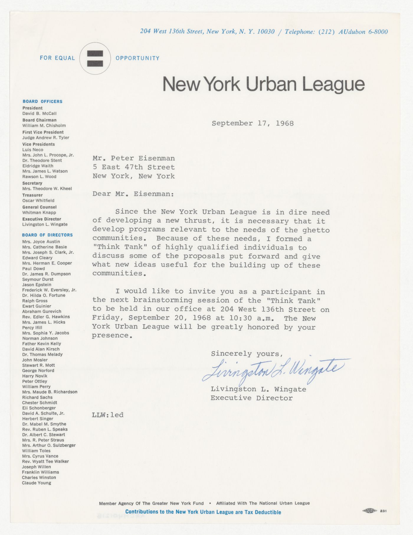 Letter from Livingston L. Wingate to Peter D. Eisenman inviting Eisenman to participate in New York Urban League "think tank" brainstorming session