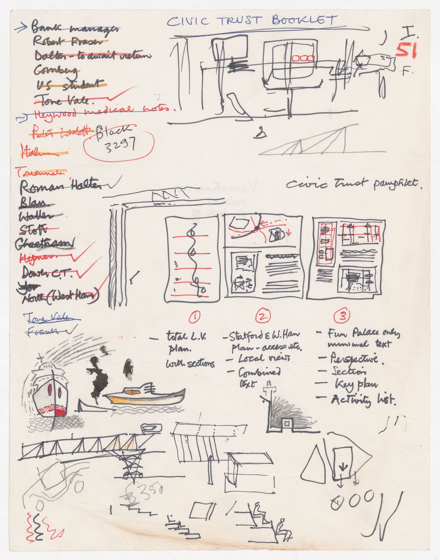 Sketches with annotations for a publication about the Civic Trust