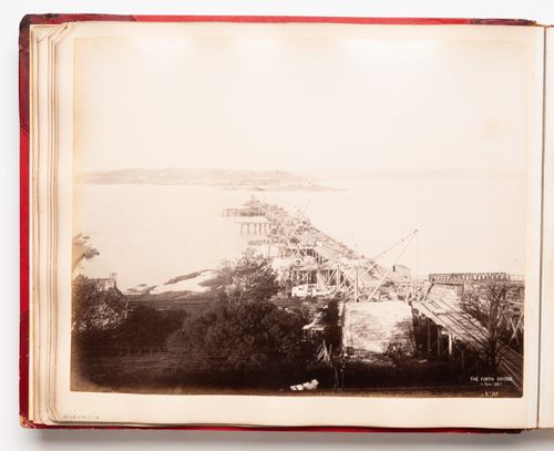 View of a building site for the construction of the Forth Bridge, Firth of Forth, Scotland, United Kingdom