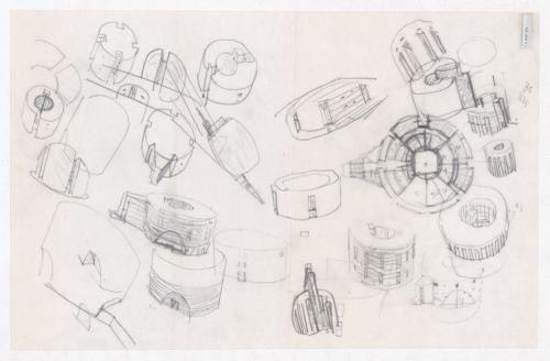 Sketch axonometric views, perspectives, elevations, and plan for Centro Meteorológico da Villa Olimpica, Barcelona, Spain
