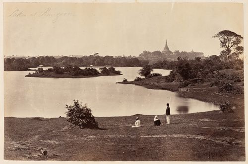 View of the Royal Lakes and Dalhousie Park with the Shwedagon Pagoda in the background, Rangoon (now Yangon), Burma (now Myanmar)