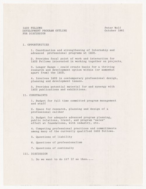 Outline of IAUS Fellows Development Program by Peter Wolf with attachments