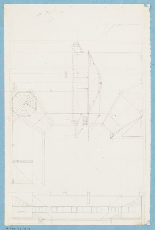 Project for a hôtel for M. Busche: Plan, elevation and section for the roof for a four-storey hôtel