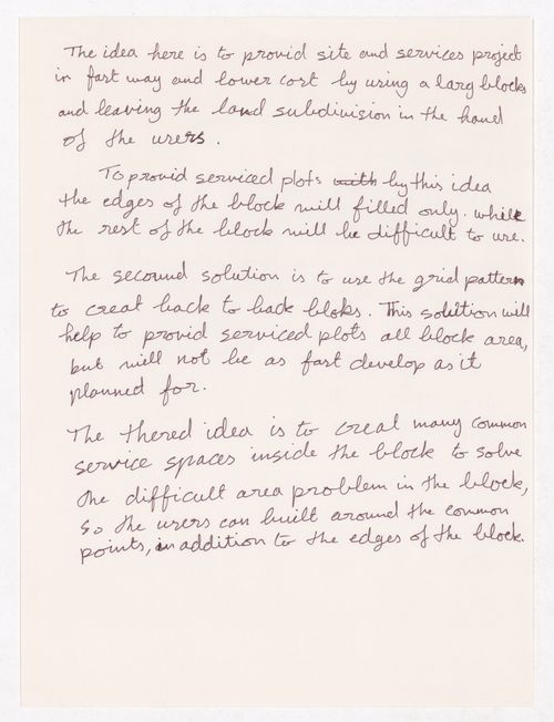 Project description with plots sketches for Minimum Cost Housing Group's plot in Aranya township, India, for Aranya Housing Project