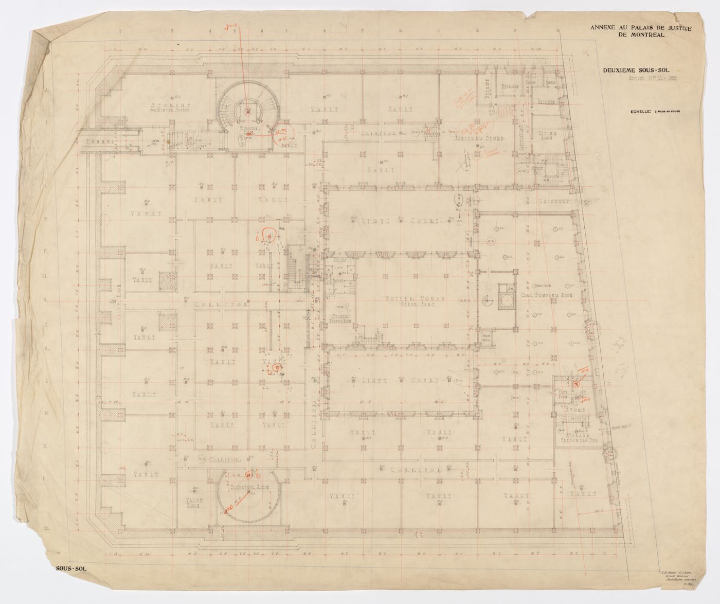 Plan des fondations du deuxième sous-sol, Annexe au Palais de Justice de Montréal, Montréal, Canada