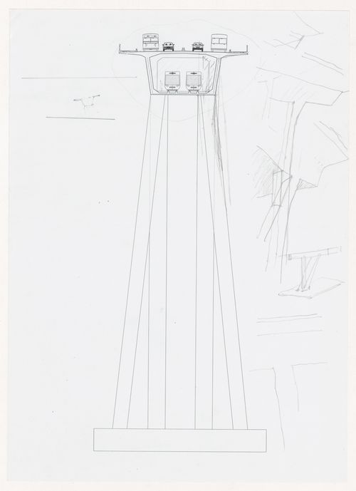 Section and sketches for Pólo III da Universidade do Porto e Nova ponte sobre o rio Douro [Bridge over the Douro river], Porto, Portugal