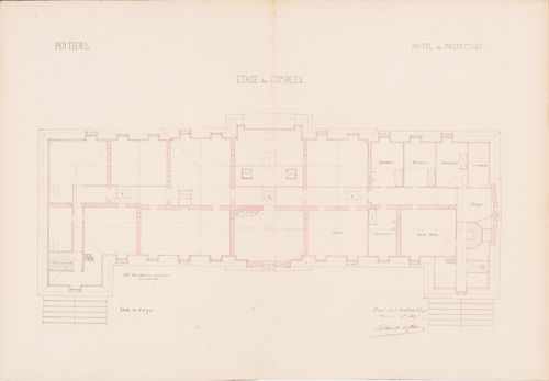 Project for a Hôtel de préfecture, Poitiers: Plan for the "étage des combles" for the Hôtel du Préfet
