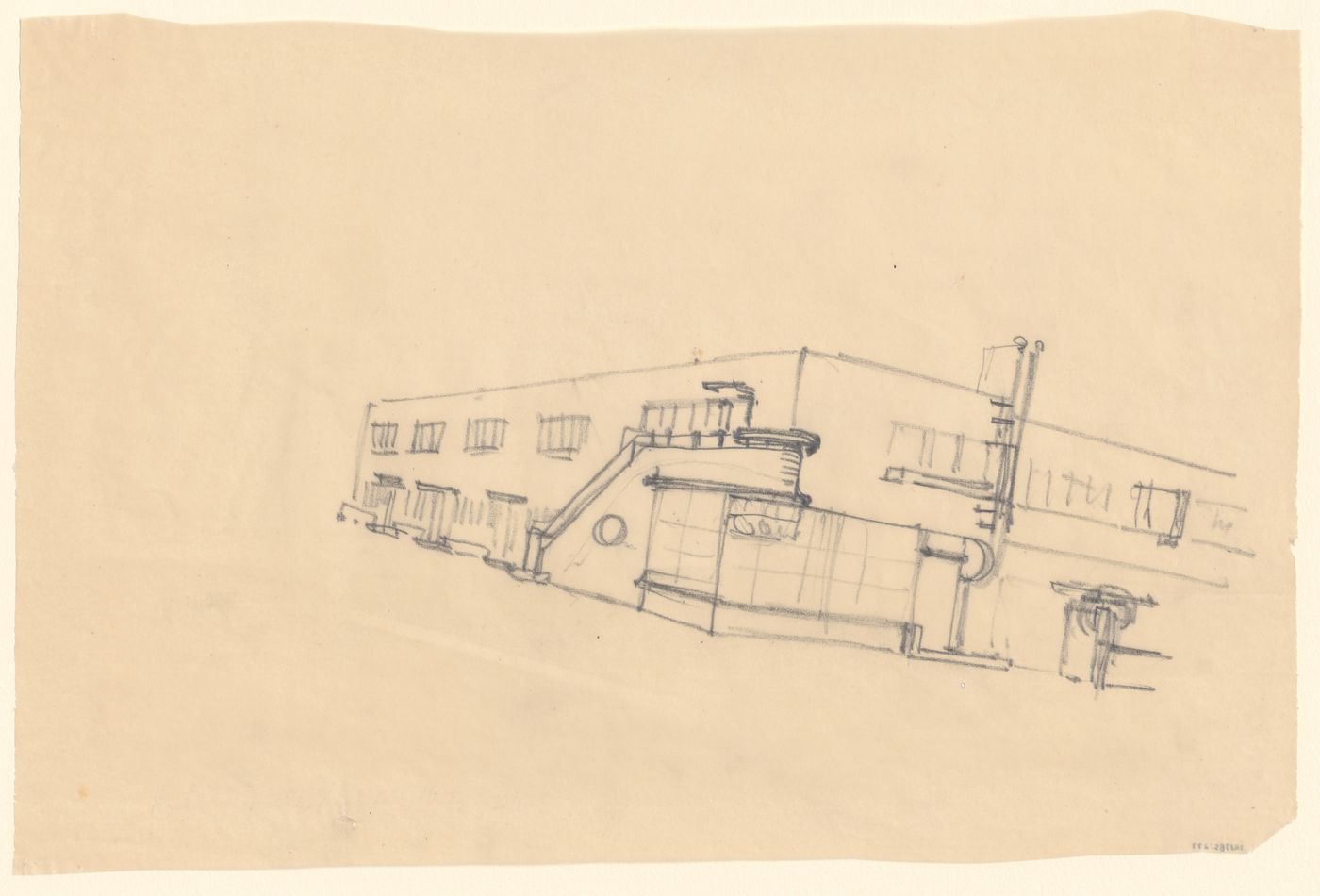 Sketch perspective for industrial row houses showing a corner shop, Hoek van Holland, Netherlands