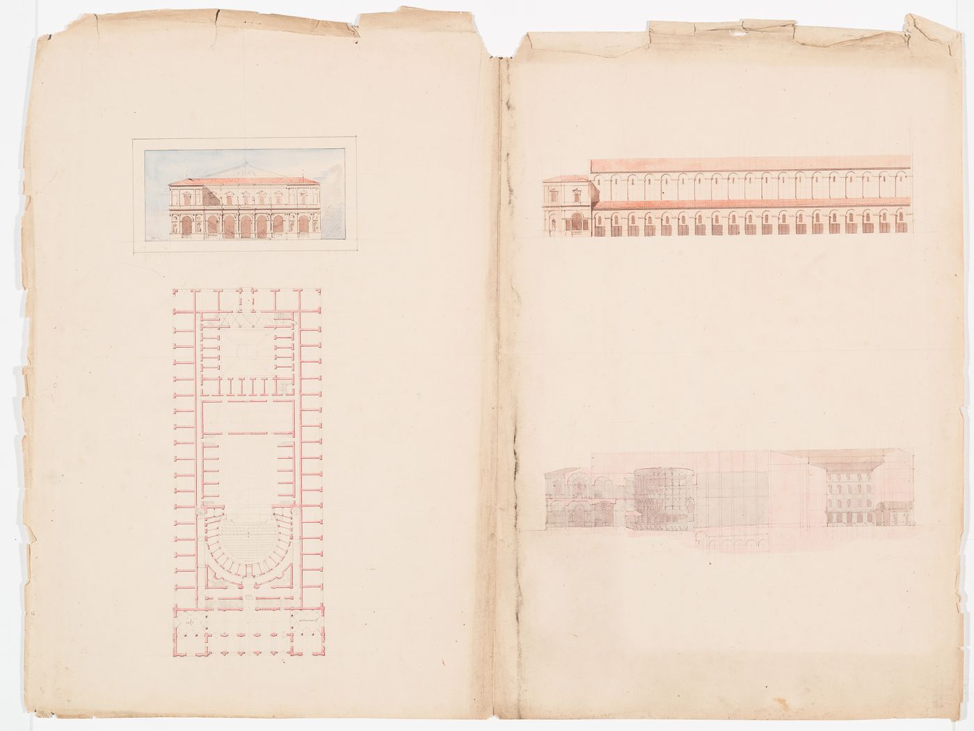 Plan, elevations, and longitudinal section for an opera house, probably for the Académie royale de musique