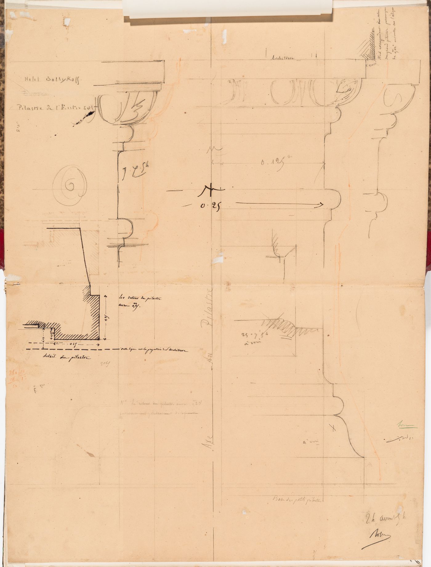 Profiles and details for the capital and base for the small pilasters for the "entresol" level of the principal façade, Hôtel Soltykoff