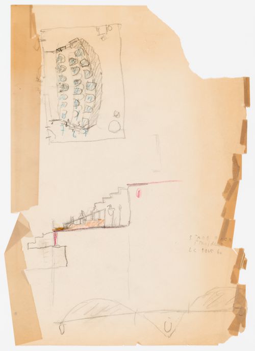 Project for a stadium in Baghdad, Iraq: plan and section for president's grandstand