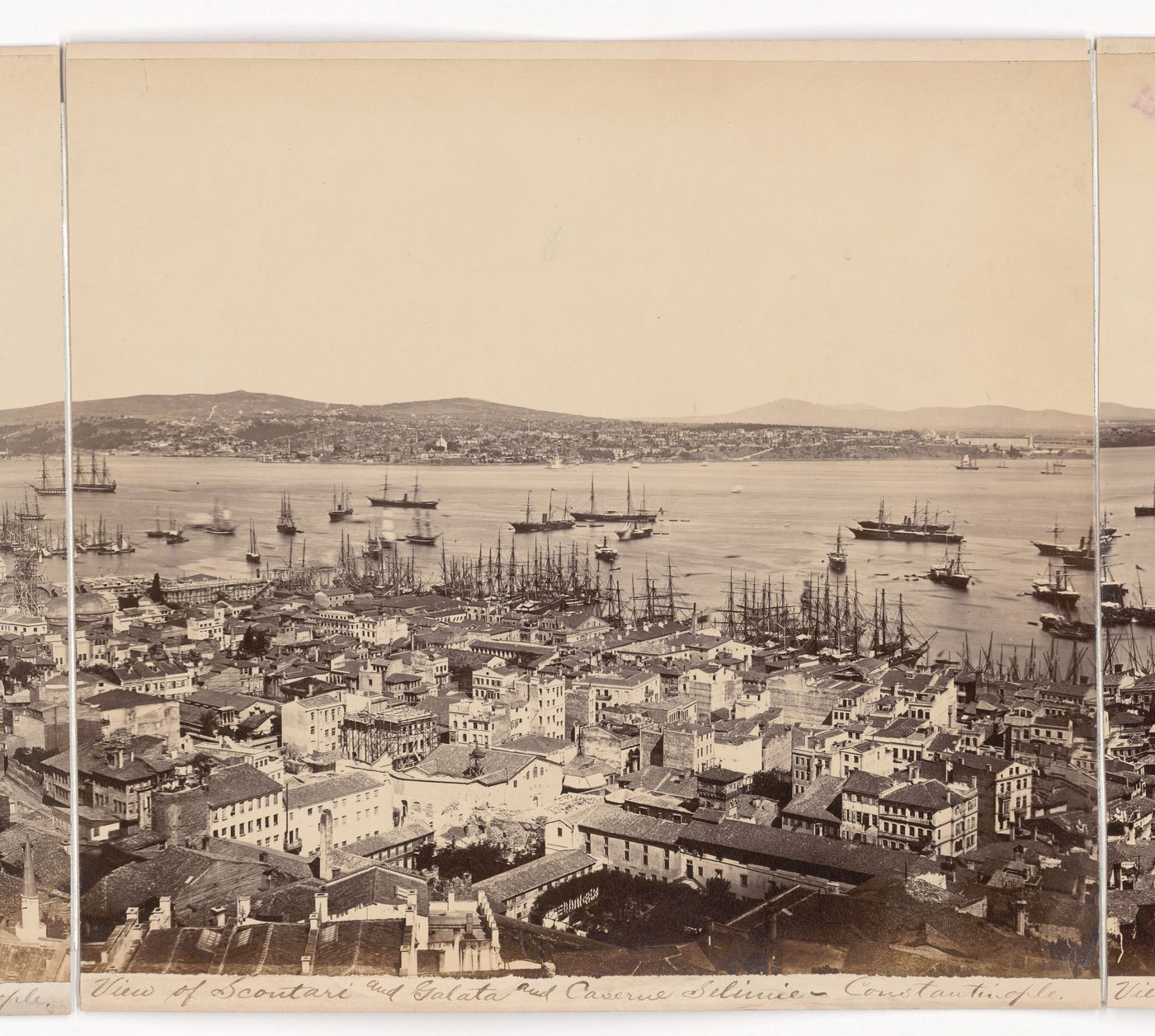 Partial view of Constantinople showing the Bosporus and the Sea of Marmara with the Kiz Kulesi [Maiden's Tower] (also known as Leander's Tower) and Scutari (now Üsküdar) in the background and Galata in the foreground, from the Galata Tower, Ottoman Empire