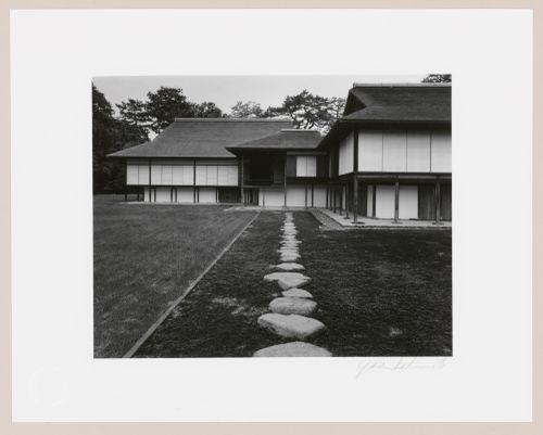 View of the New Palace (also known as the New Goten), the Music Room and the Middle Shoin showing stepping-stones in the foreground, Katsura Rikyu (also known as Katsura Imperial Villa), Kyoto, Japan