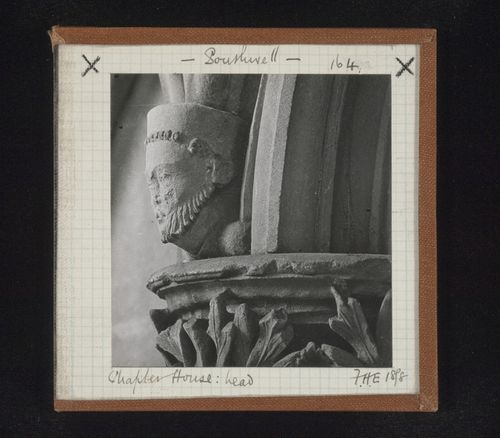 View of sculpture of head on abacus at Chapter House, Southwell Minster, Southwell, Nottinghamshire, England