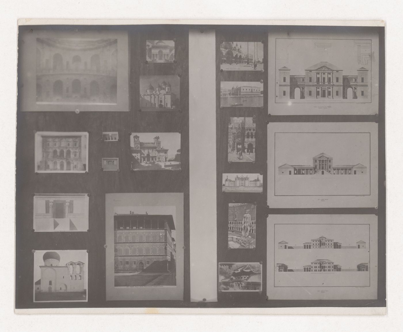 View of photographs and architectural drawings, pinned to presentation boards used for didactic purposes by the professors of the Basic Course at the Vkhutemas and the Vkhutein, Moscow