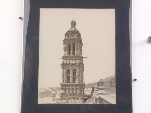 View of a tower of the Catedral de Zacatecas with the city of Zacatecas and mountains in the background, Mexico