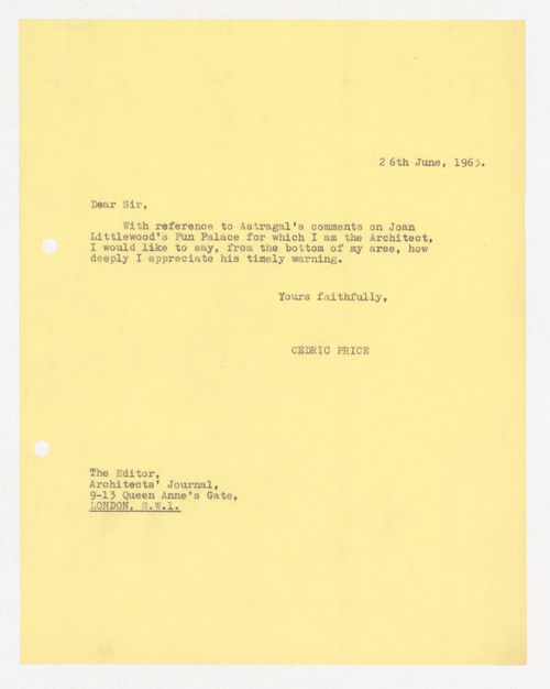 Letter from Cedric Price to the Editor of Architects' Journal regarding the Fun Palace Project