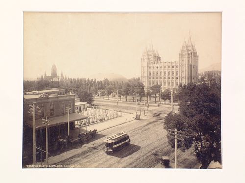 Mormon Temple and Tabernacle: elevated view from a block away, Salt Lake City, Utah